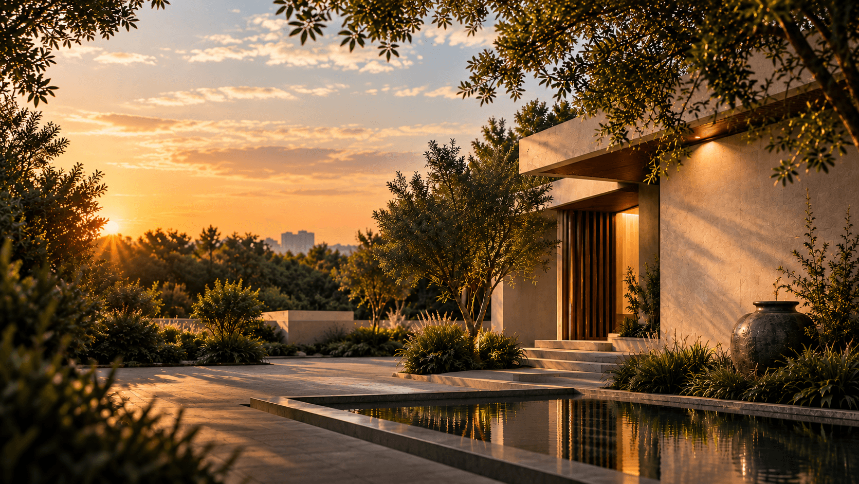 Merakii villa arrival court at sunset